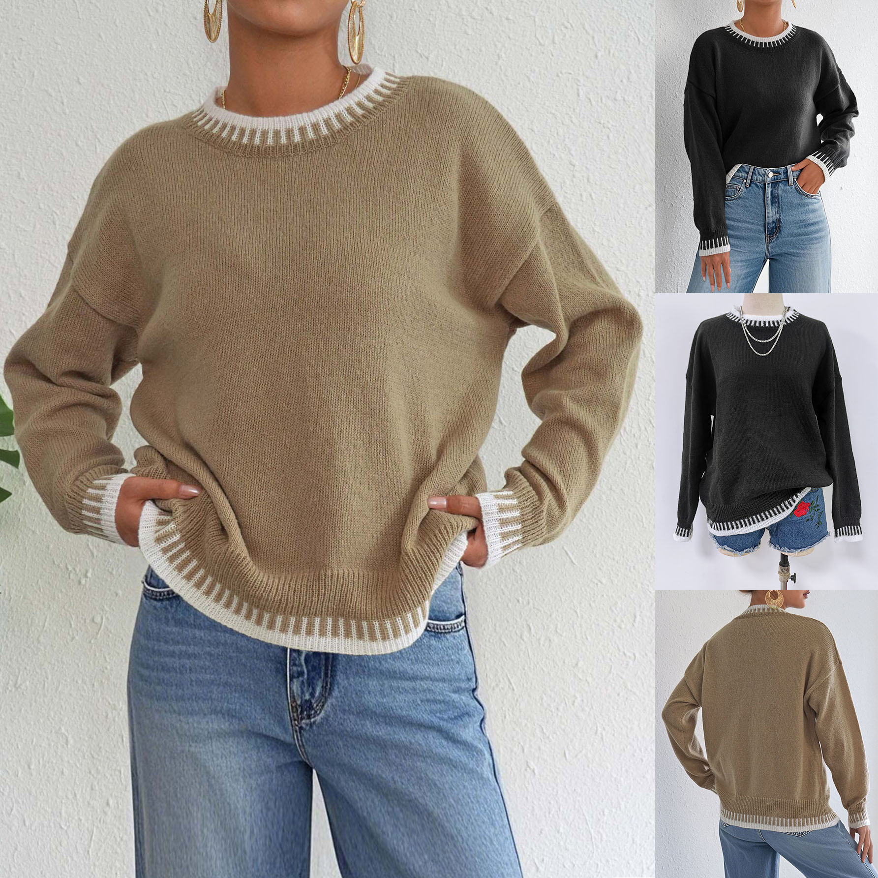 Splicing casual pullover loose sweater top拼接休闲套头衫毛衣