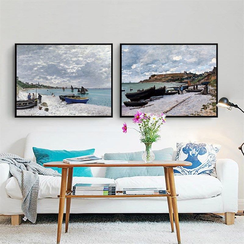 莫奈海边帆船欧式古典油画抽象画沙发背景画轻奢名画复制品装饰画