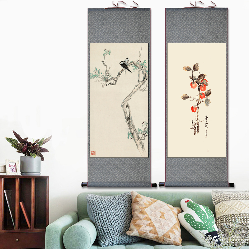 张大千禅意花鸟画简约画餐厅客厅装饰画电表箱挂画丝绸画卷轴画