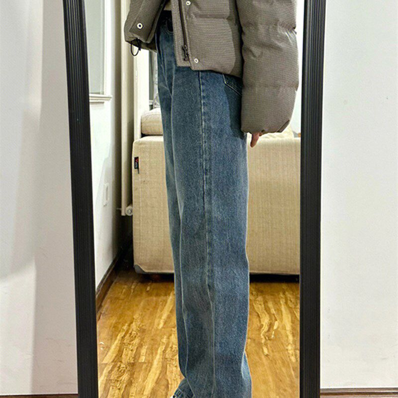 蓝色直筒牛仔裤女春秋新款大码胖mm高腰宽松显瘦梨型身材阔腿裤子