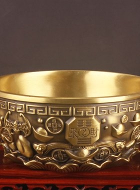 纯铜聚宝盆摆件黄铜五福聚宝盆家居办公室铜盆摆件装饰开业送礼