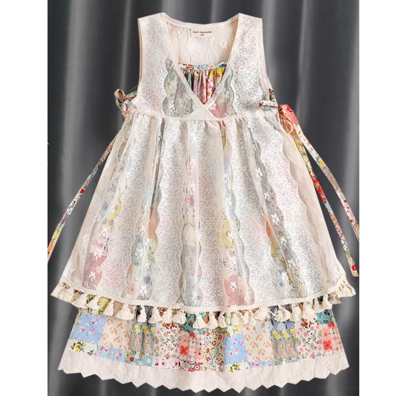 女童吊带背心裙两件套2025新款中大童蕾丝外搭儿童纯棉沙滩碎花裙