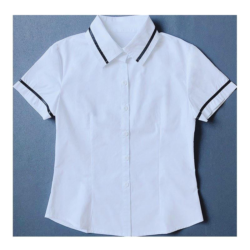 儿童中学校服白衬衫黑边高中生班服女生纯棉白色衬衣男孩表演礼服