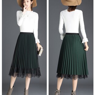 两面穿蕾丝网纱半身裙高腰显瘦a字纱裙女半身秋冬新款黑色百褶裙