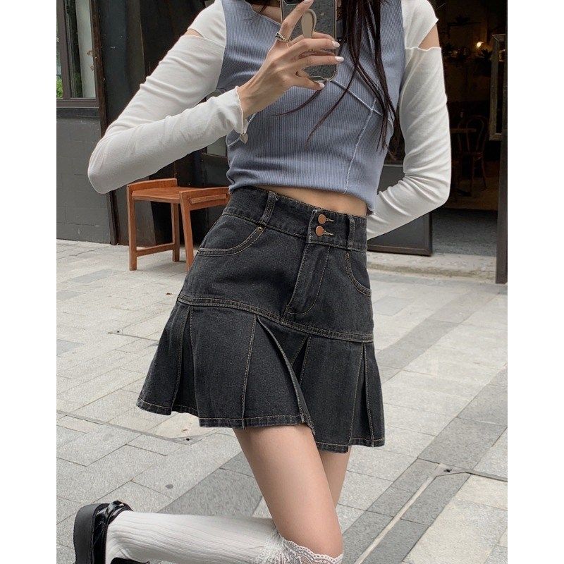 高腰百褶牛仔半身裙女夏季大码胖mm遮肚显瘦设计感a字包臀短裙子