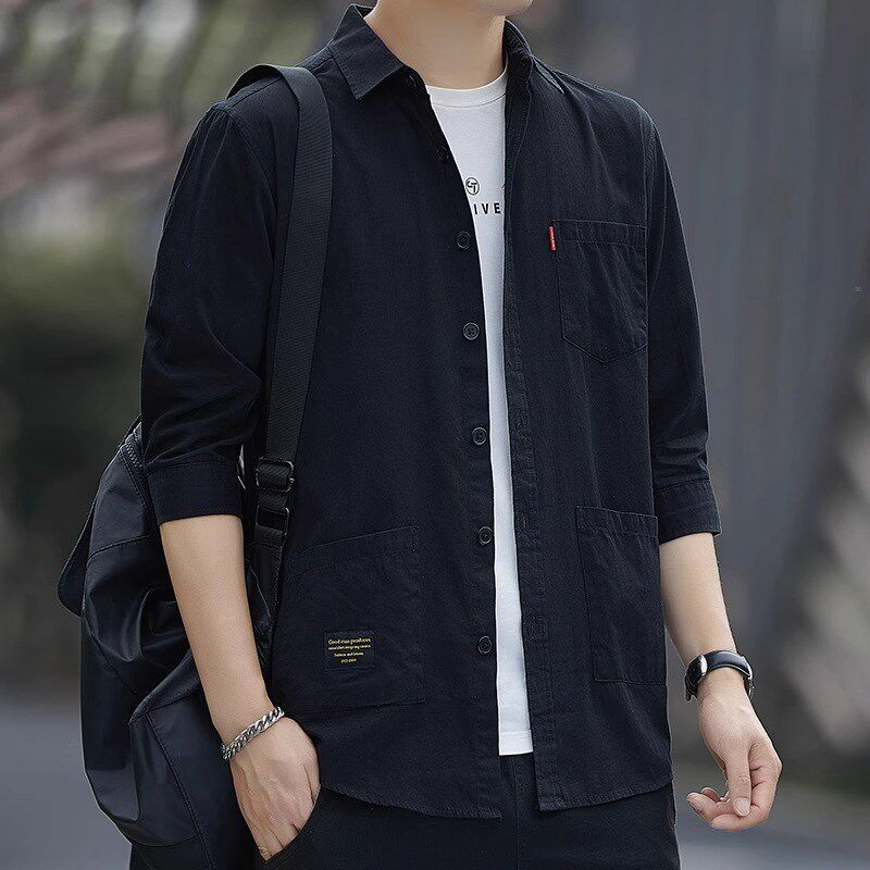 七分袖衬衫男夏季纯棉短袖衬衣男士宽松五分袖工作服休闲中袖男装