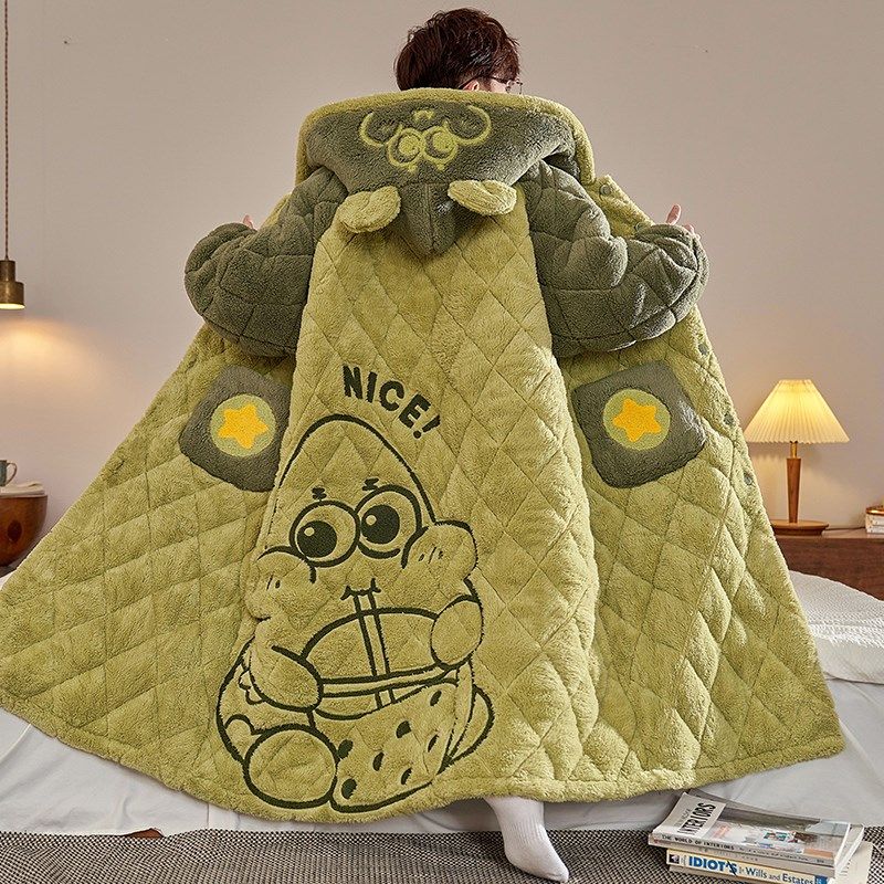 男士睡衣秋冬季珊瑚绒三层夹棉加厚加绒睡袍浴袍加肥加大码家居服