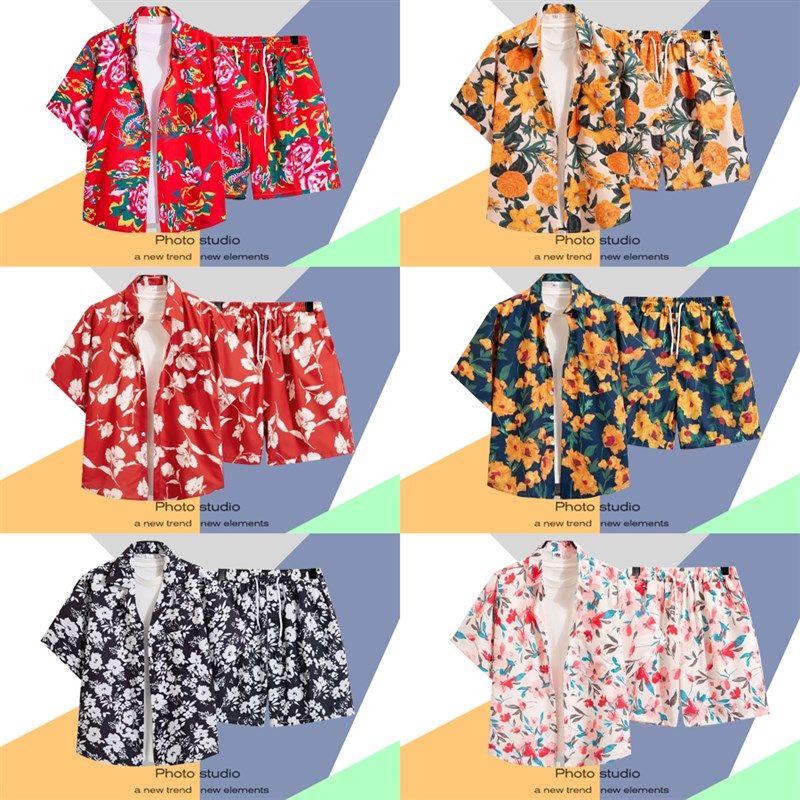 港风复古夏威夷满印短袖vintage花衬衫男女情侣短裤套装沙滩衬衣,男装,时尚套装,淘宝优惠券,粉丝福利购,淘宝优惠卷