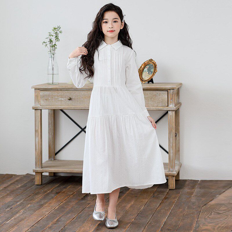 秋季中大女童翻领衬衫裙文艺小清新连衣裙长袖纯棉宽松学生中长裙