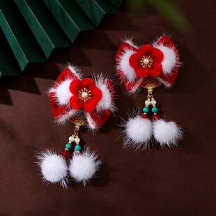 新年宝宝汉服头饰红色蝴蝶结毛球流苏发夹古风中国风女童绒花对夹