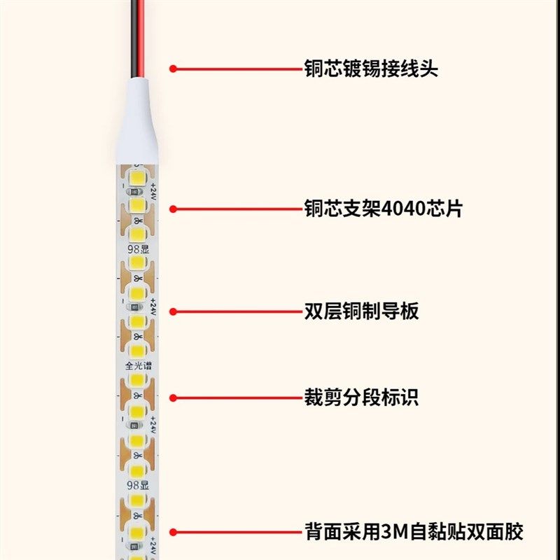 全光谱led灯带98显高亮180珠一灯一剪24V自粘无频闪护眼线型灯带,家装灯饰光源,室内LED灯带,淘宝优惠券,粉丝福利购,淘宝优惠卷
