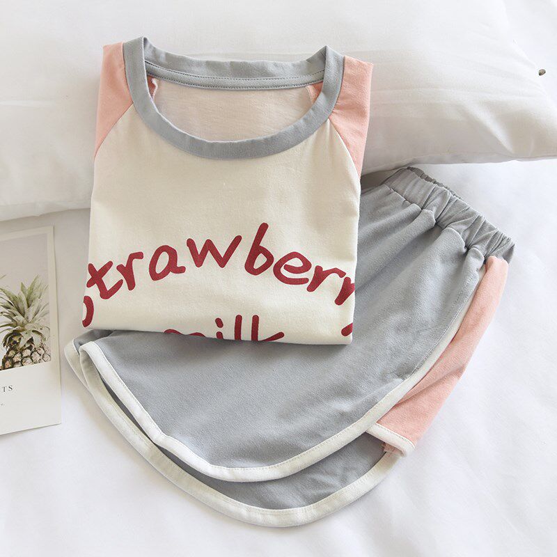 儿童夏季针织纯棉薄款可爱草莓短袖短裤女童全棉睡衣家居服亲子装