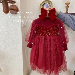 女童连衣裙秋冬季儿童高级感生日礼服洋气女孩加绒红色毛衣蓬蓬裙