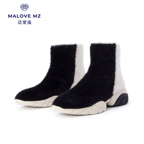 MALOVE MZ靴子女2025冬新款圆头厚底短靴保暖棉靴套筒毛毛雪地靴