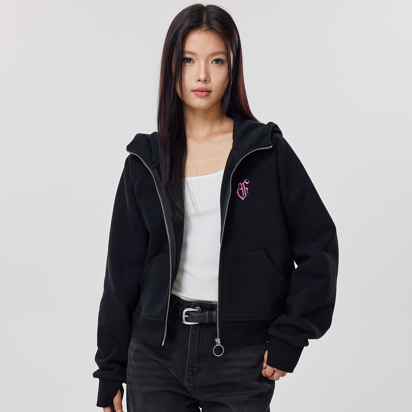 MOFG450g重磅秋冬辣妹短款刺绣基础拉链开衫连帽卫衣修身外套潮