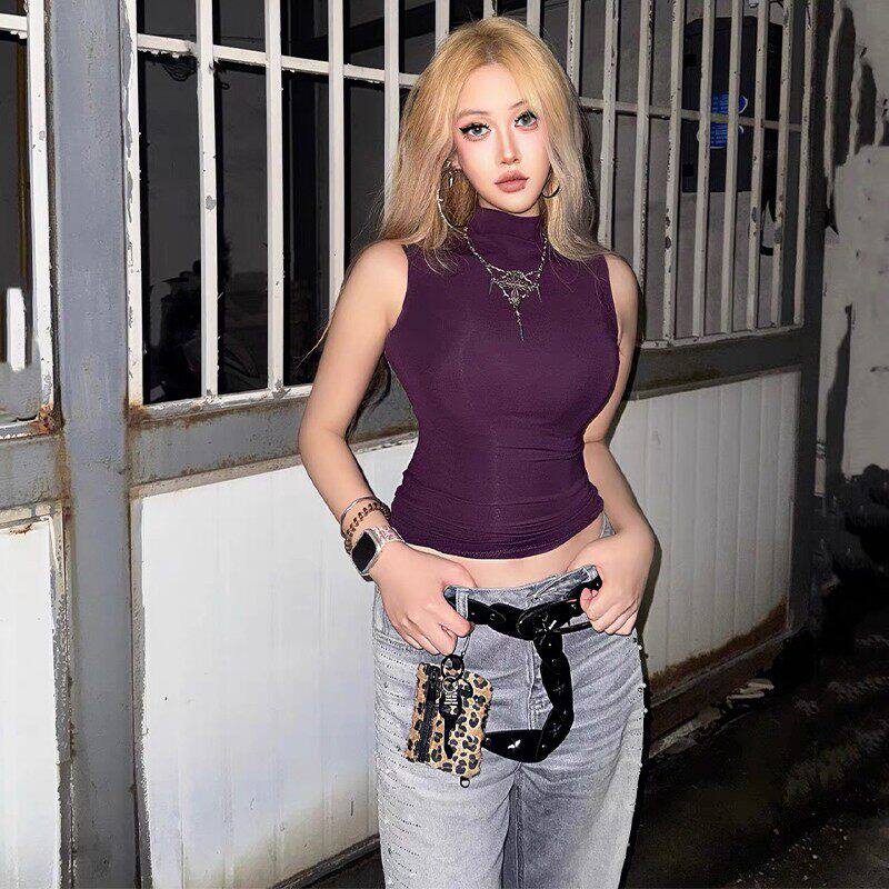 欧美风辣妹半高领无袖背