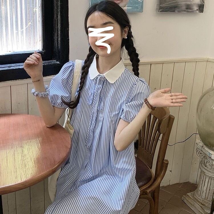 娃娃领蓝色条纹衬衫连衣