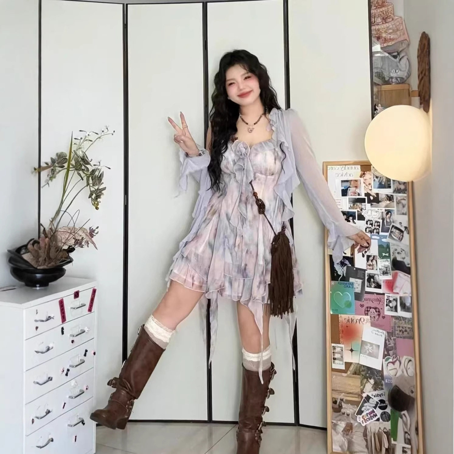 氛围感油画碎花雪纺裙女2026春夏新款微胖大码防晒度假吊带套装裙
