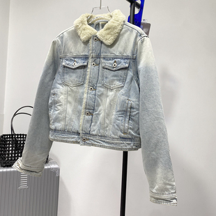 ins小众设计感羔羊绒翻领夹棉牛仔外套浅蓝色加厚牛仔棉服夹克女