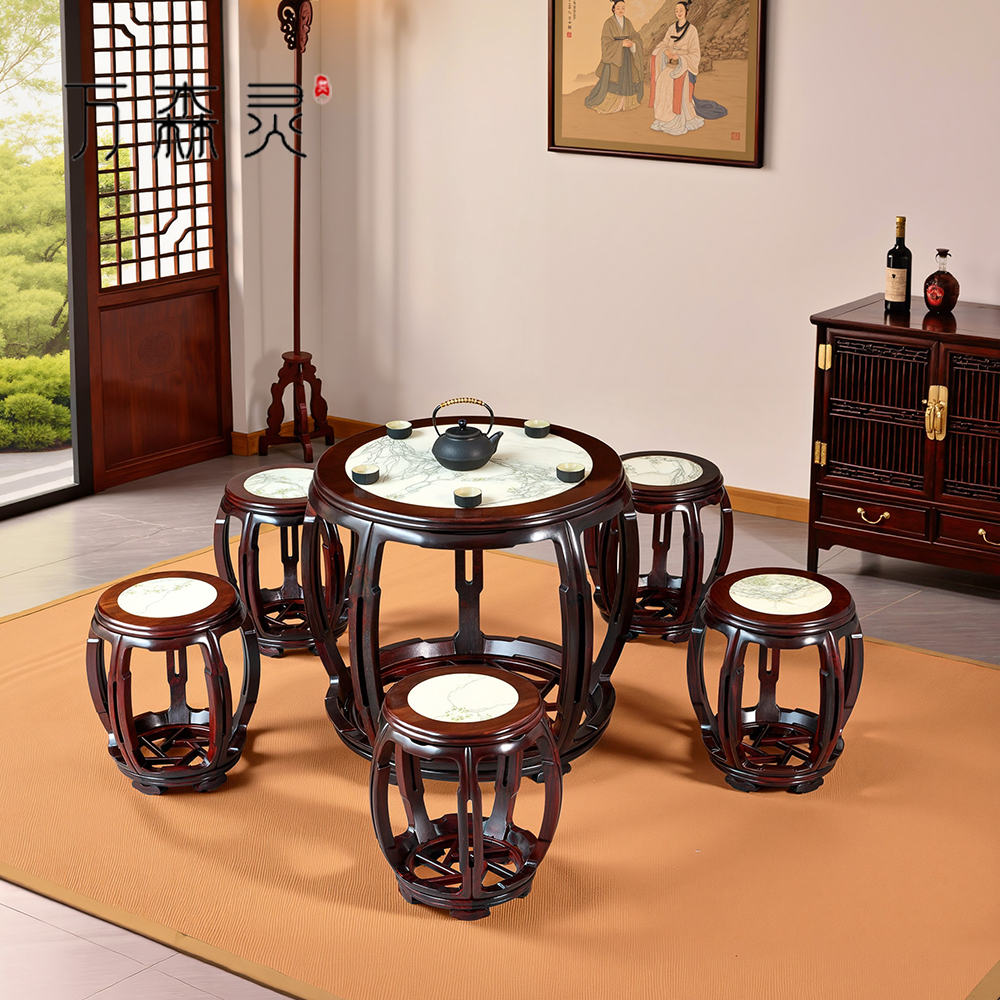 万森灵【五足圆台】非洲酸枝红木实木餐桌椅组中式圆桌凳云石饭桌