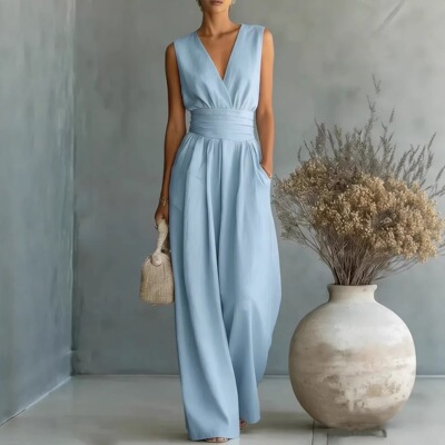 无袖收腰V领连体裤Sleeveless waist cinched V-neck jumpsuit