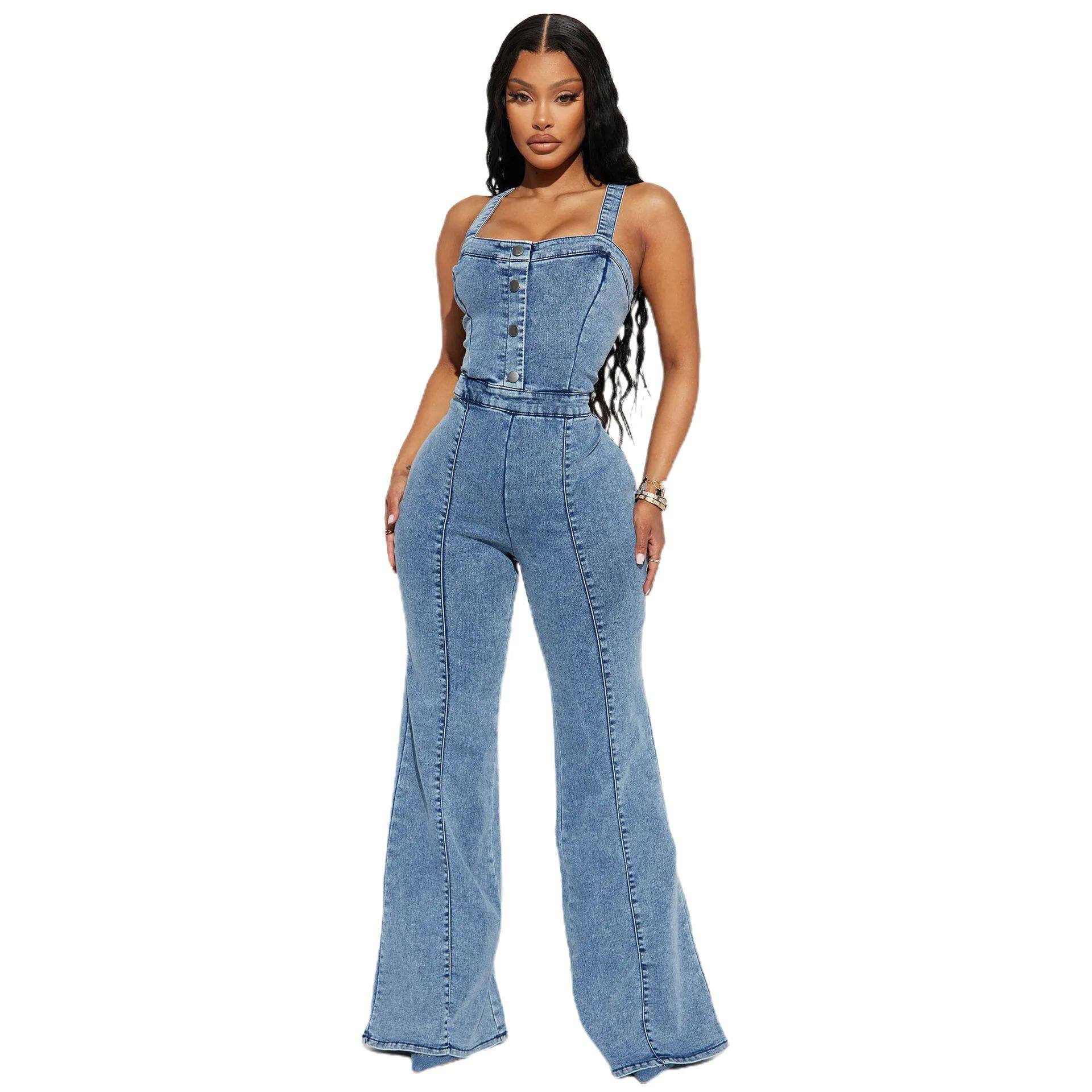 性感背带牛仔连体喇叭裤Sexy shoulder strap denim flared pants