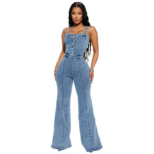 性感背带牛仔连体喇叭裤Sexy shoulder strap denim flared pants