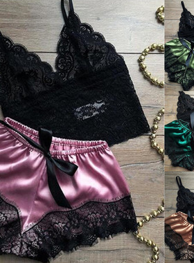 V-Neck Sleeveless Camisole and Shorts Lace Panelv领性感睡衣