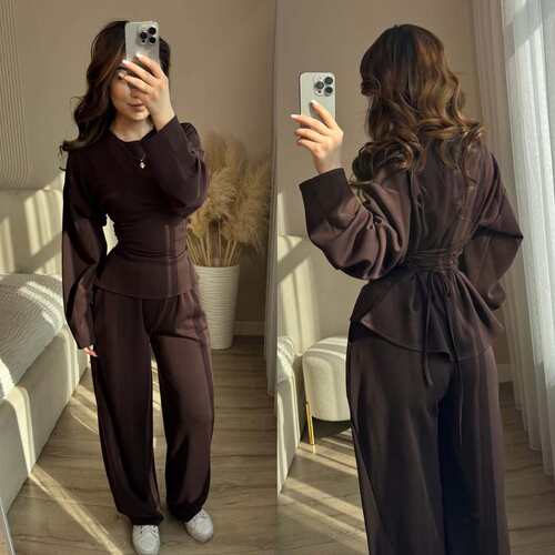 Round neck strap top and pants set   圆领绑带上衣长裤套装