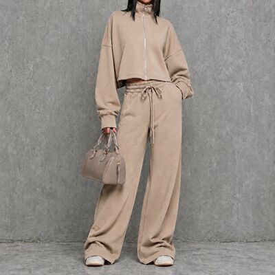 Stand up hoodie widelegpantstwo-pieceset立领卫衣阔腿裤两件套