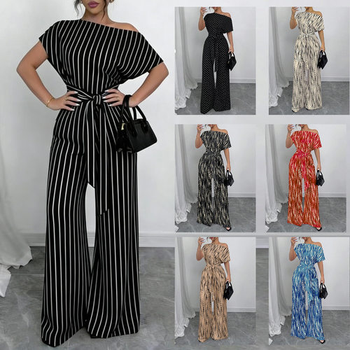 斜领露肩连体裤女Slanted collar off shoulder jumpsuitforwomen