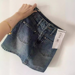 A-line skirt denim short package hip skirta字牛仔包臀半身裙