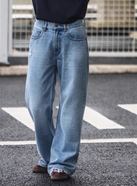 UTIMUS蓝色牛仔裤2021M版型宽松微喇蓝牛长裤高腰直筒裤浅蓝色