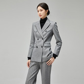 时尚 职业西装 主持人穿搭 高级感灰色条纹加厚秋冬装 新款 套装 女正装