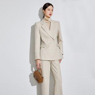 米白色羊毛西装 外套女高级感2025秋冬加厚两件套温柔百搭醋酸套装