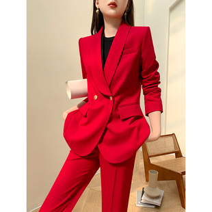 红色西服套装女士2025春秋新款时尚气质英伦风显瘦美业西装两件套