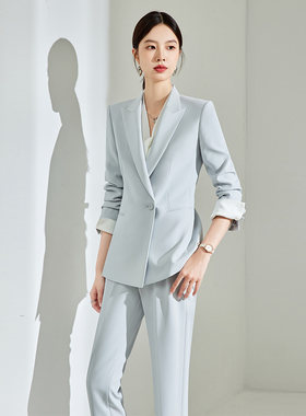 月灰蓝西装外套女2026春季新款小个子套装韩版修身可盐可甜精致OL