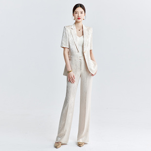 香槟色职业女性西装套装2025夏季薄款中袖高级感醋酸通勤修身套装