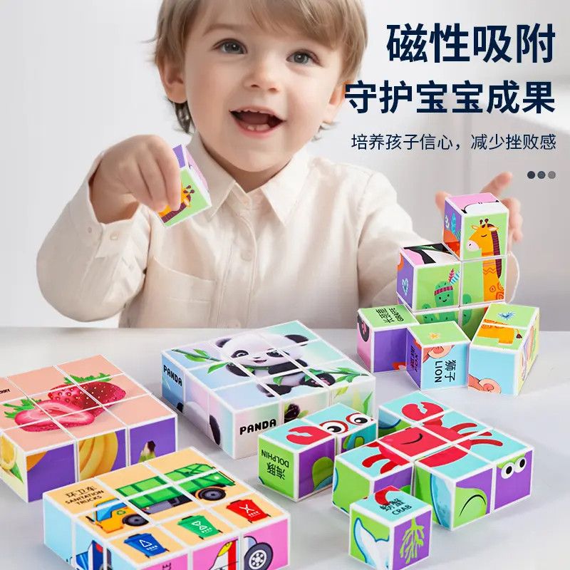 磁力方块拼图早教益智动物积木卡通六面画立体霸王龙拼图玩具塑胶