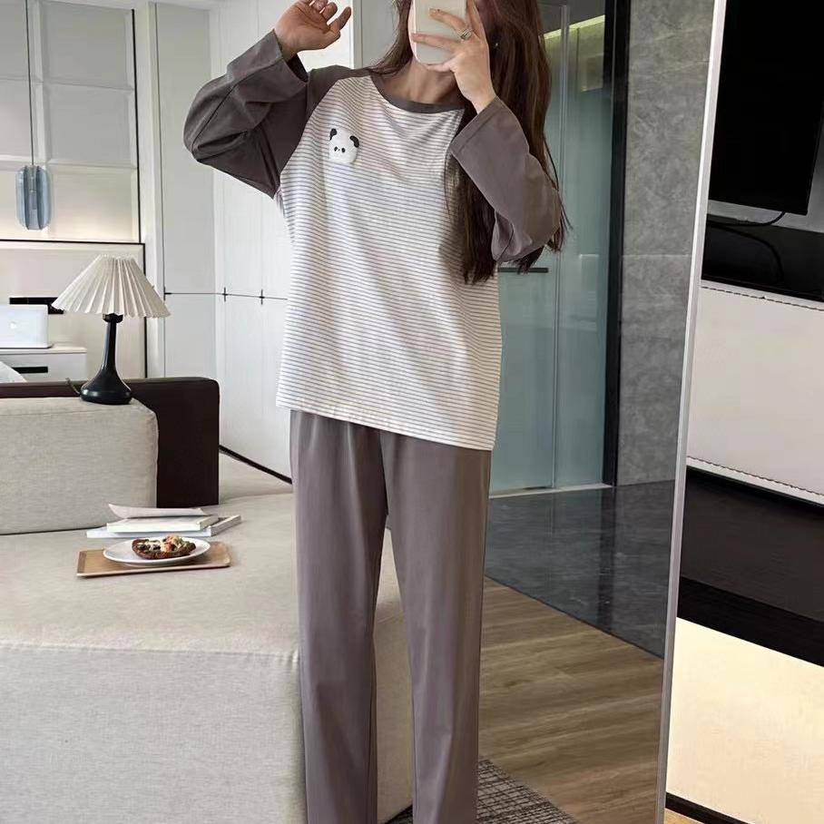 韩国氛围条纹熊猫撞色套装秋冬