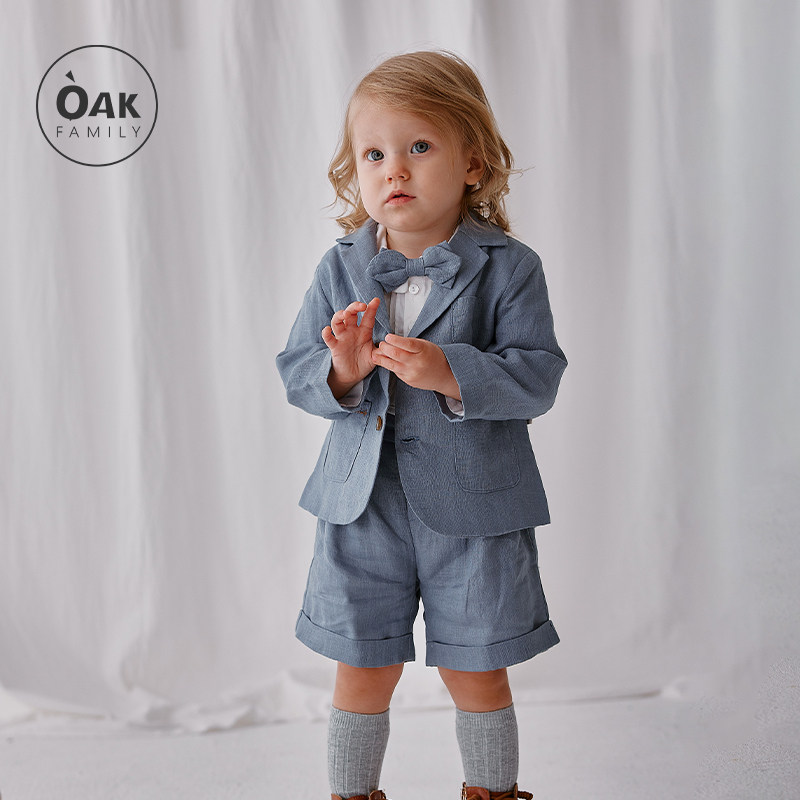 Oak Family儿童小西装帅气英伦春秋亚麻宽松男宝宝生日礼服外套