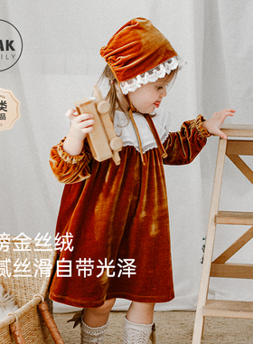 Oak Family女童圣诞红色丝绒连衣裙秋季儿童公主裙宝宝加厚裙子