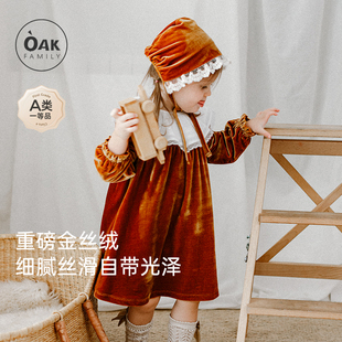 Oak 儿童公主裙宝宝加厚裙子 Family女童圣诞红色丝绒连衣裙秋季
