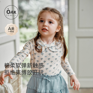 女宝宝长袖 新品 套头上衣印花棉柔女童可爱T恤休闲 Family秋季 Oak