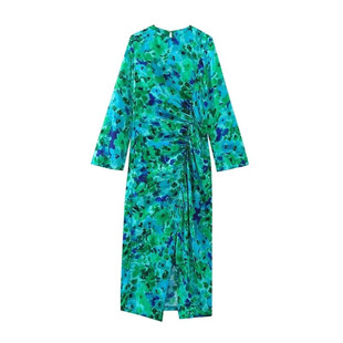 one print step dress 一步连衣裙 Slit 开叉褶皱印花修身 pleated