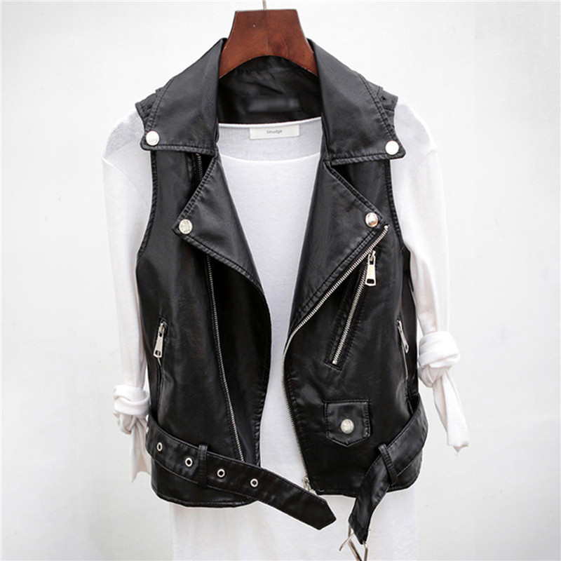 New sleeveless small belt leather jacket  无袖小款腰带皮外套