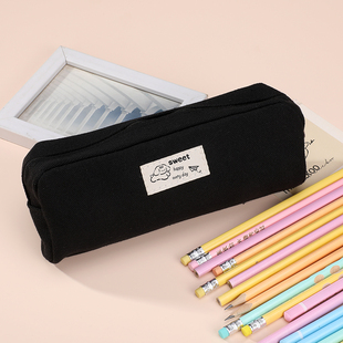 简约黑色耐脏帆布笔袋高颜值不撞款小学初高中大学生文具袋收纳袋
