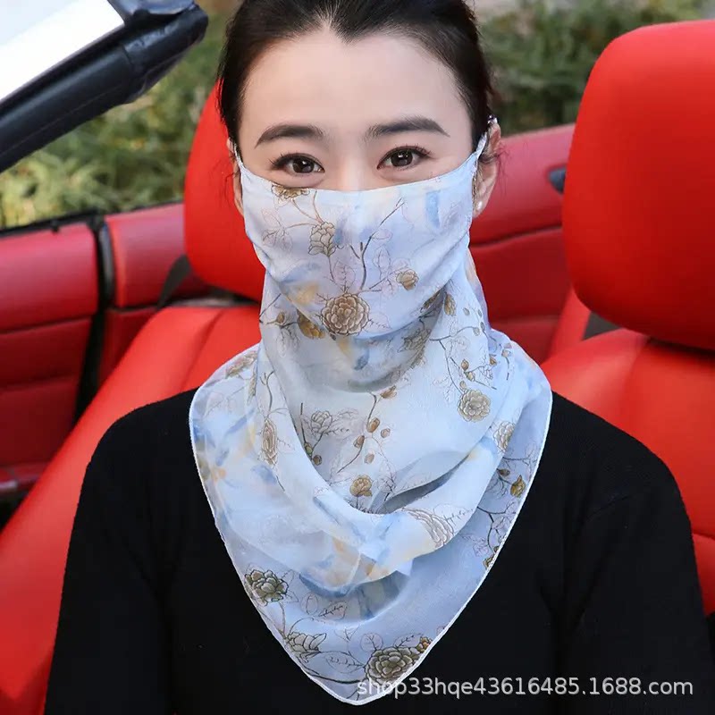100%桑蚕丝防晒面纱真丝口罩护颈一体夏季面罩薄款遮脸围巾披肩女