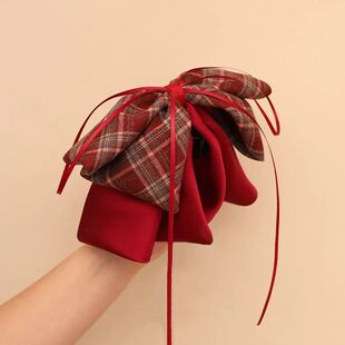 红色格纹蝴蝶结发饰半扎发夹马尾抓夹高级感后脑勺鲨鱼夹新年头饰
