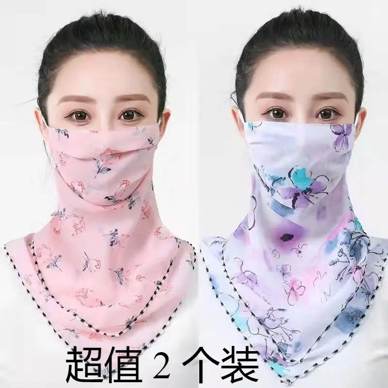 夏季防晒面纱女护颈面罩防紫外线围脖薄款雪纺透气挂耳丝巾秋冬季